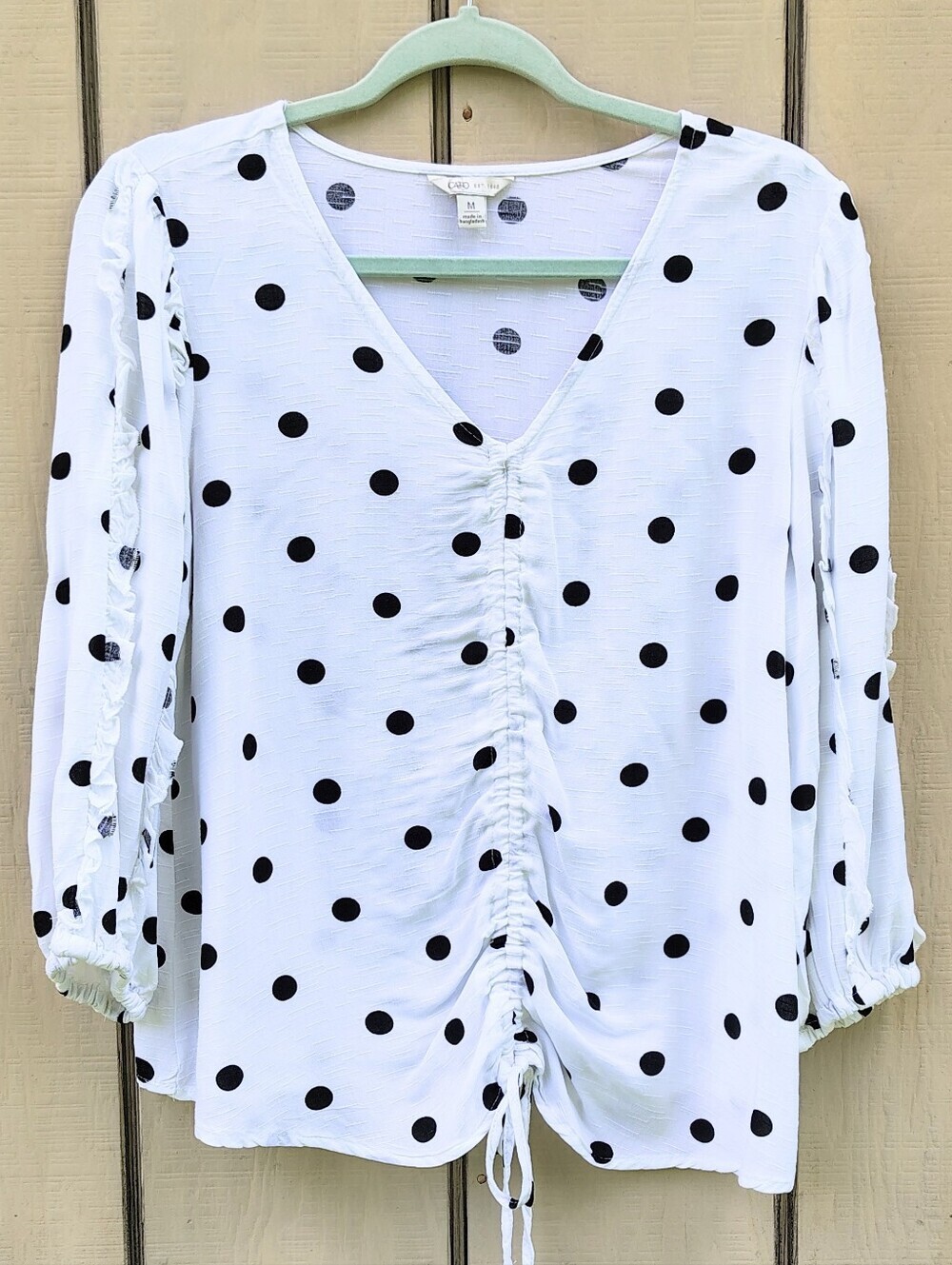Cato White/Black V-Neck Top Polka Dot Ruched Tie Front Popover Ruffles Sleeves - Picture 2 of 8